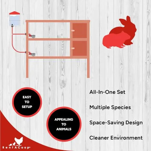 RentACoop DIY Sip Station Watering System Mini Kit; includes Tubing, Brass Nozzles, Metal Auto-Fill Cups, Tubing Adaptors, T-Connectors, and 64oz bottle; Great for Rabbits, Guinea Pigs, and More