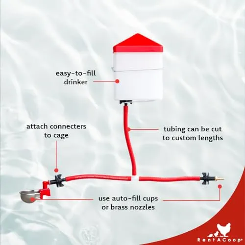 RentACoop DIY Sip Station Watering System Mini Kit; includes Tubing, Brass Nozzles, Metal Auto-Fill Cups, Tubing Adaptors, T-Connectors, and 64oz bottle; Great for Rabbits, Guinea Pigs, and More