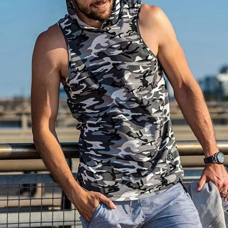 Retro Camouflage Hooded Printed Casual Fitness Vest