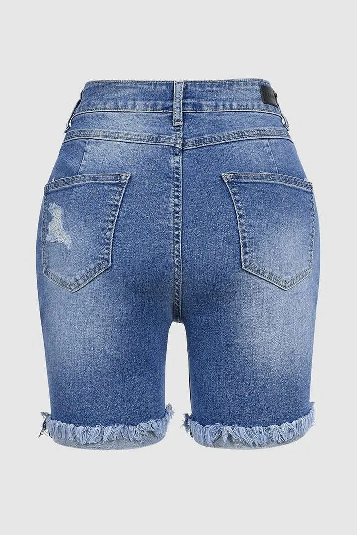 Ripped Raw Edge High Waist Denim Mid Thigh Shorts