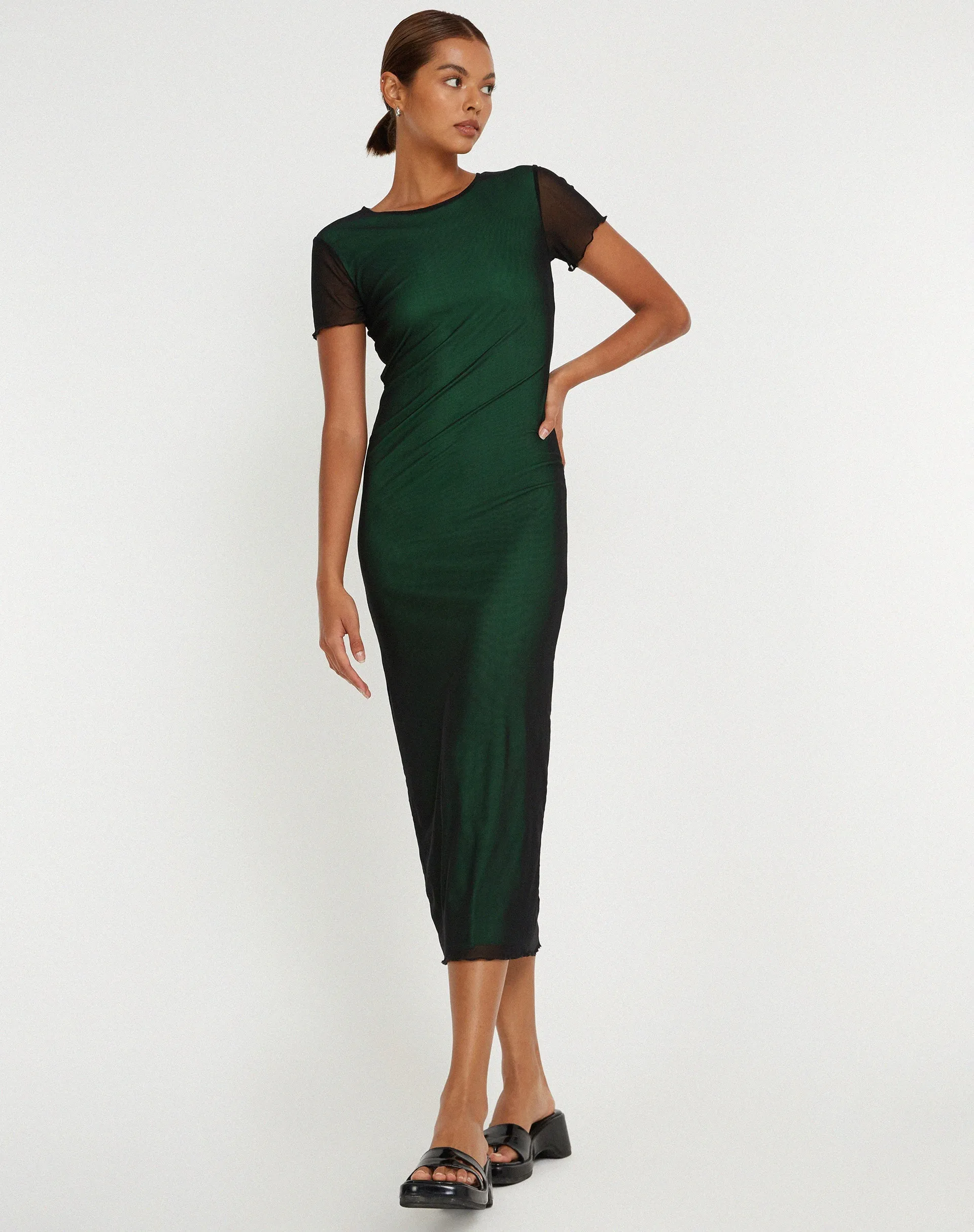 Roska Midi Dress in Black with Vibrant Green Lining