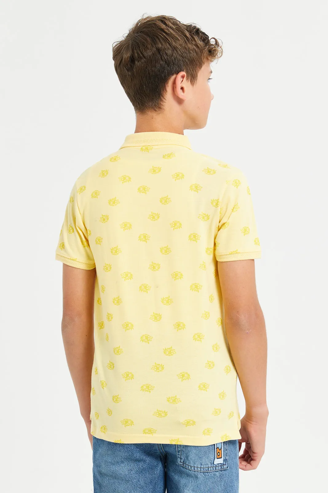 Senior Boys Yellow All Over Printed Polo T-Shirt