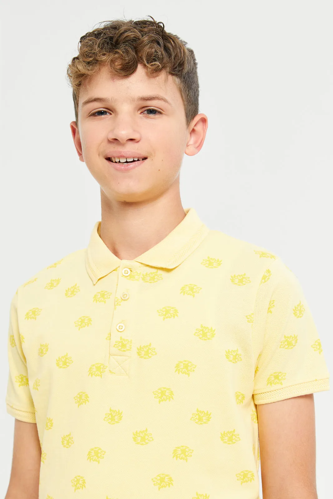 Senior Boys Yellow All Over Printed Polo T-Shirt