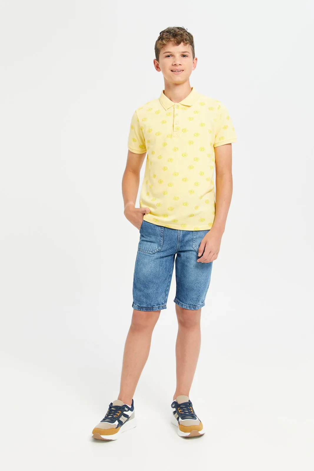 Senior Boys Yellow All Over Printed Polo T-Shirt