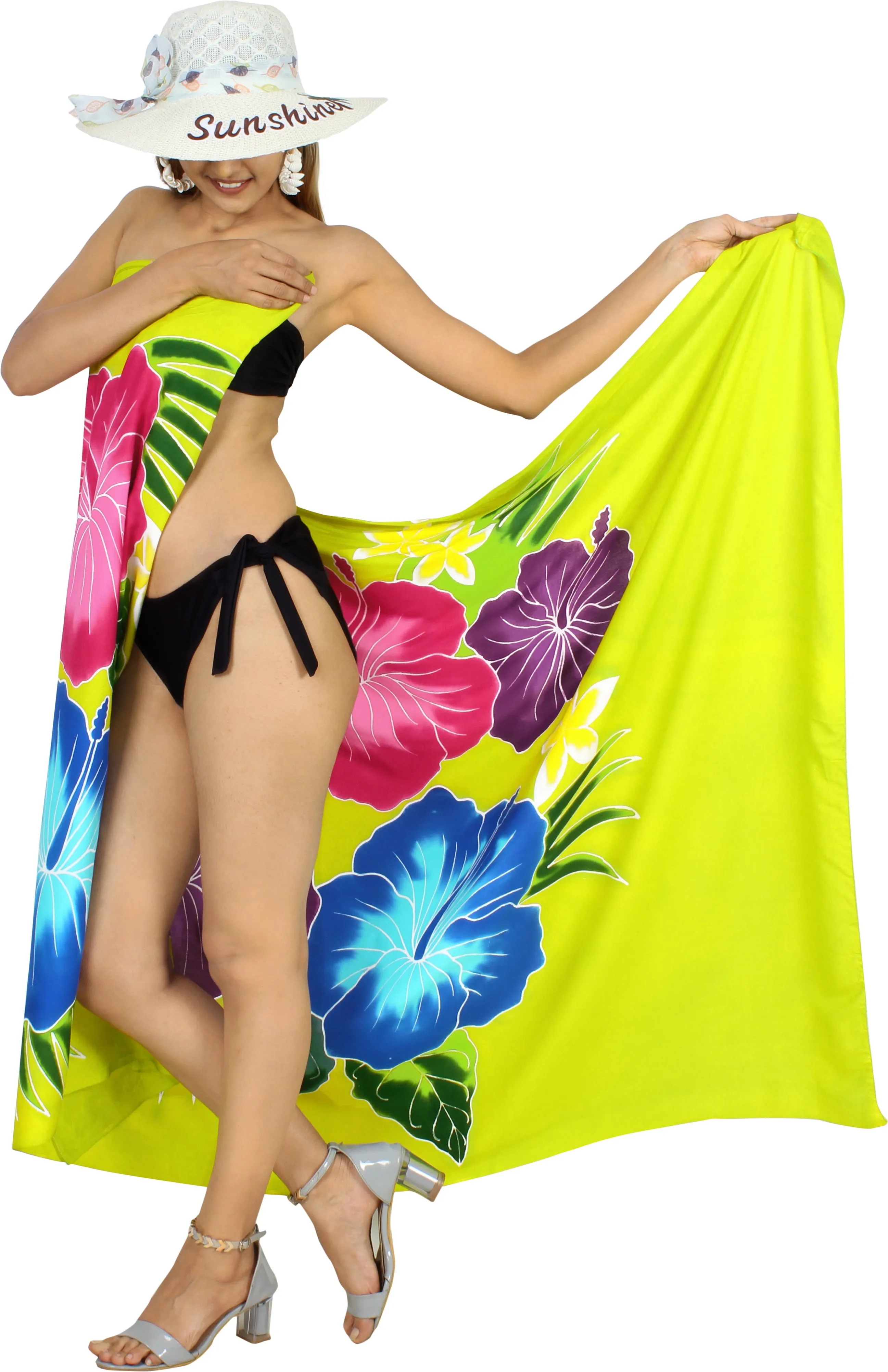 Shamrock Green Non-Sheer Hand Painted Hibiscus Floral and Leaves Beach Wrap For Women