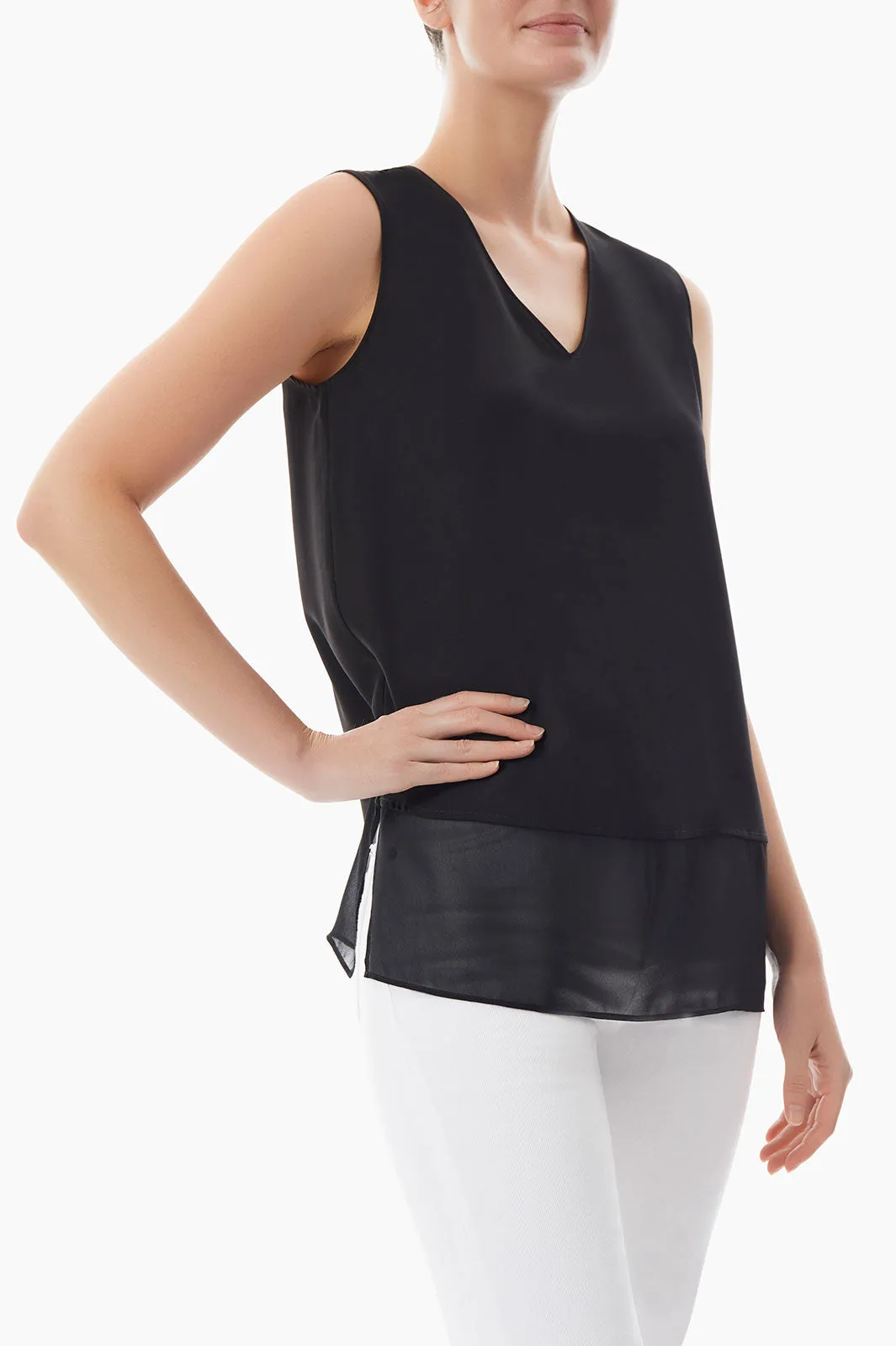 Sheer Hem Crepe de Chine Tank, Black