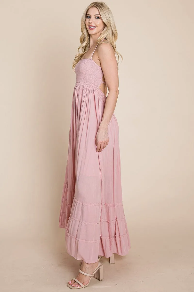 Smocked Flowy Boho Pleated Backless Maxi Dress