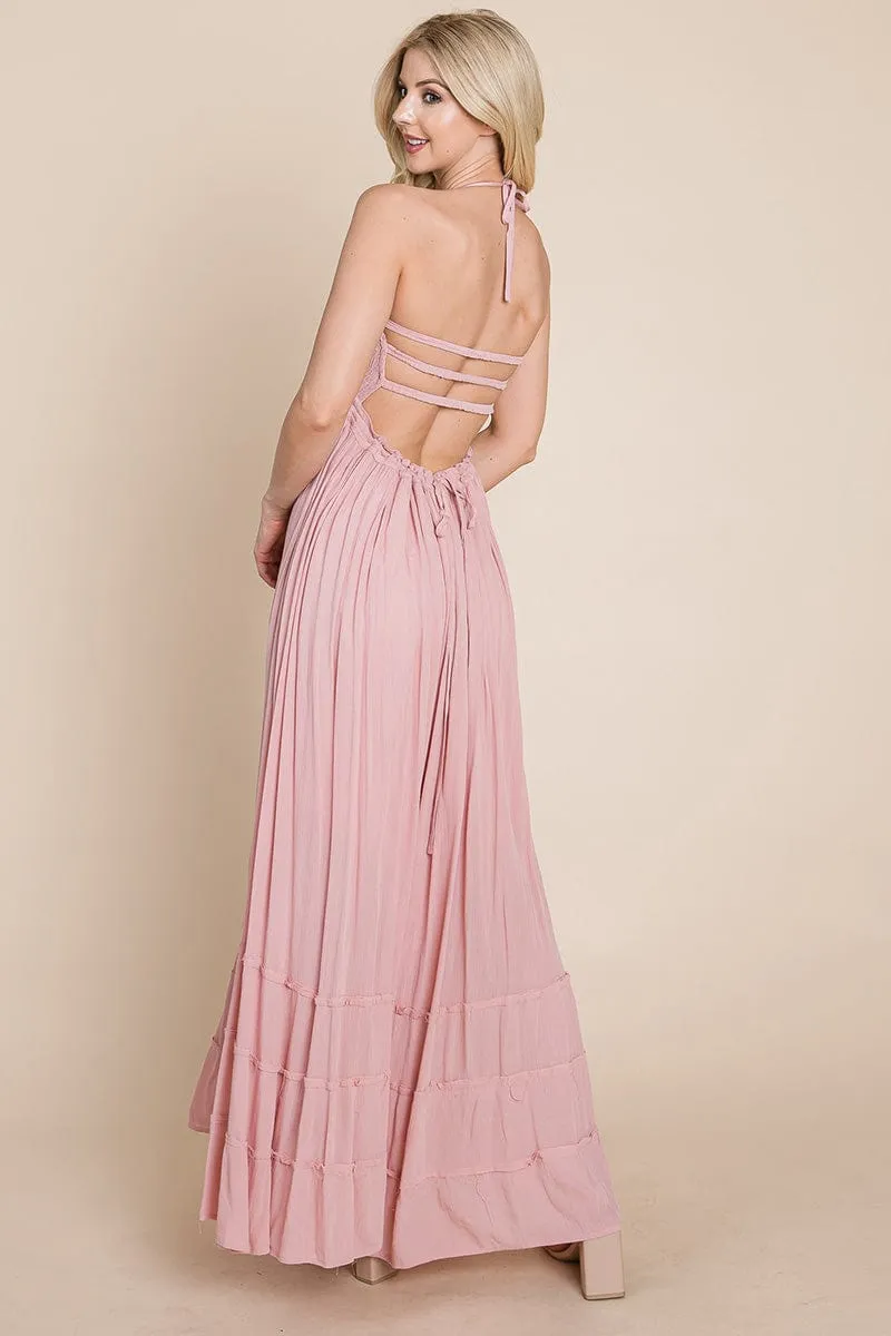 Smocked Flowy Boho Pleated Backless Maxi Dress