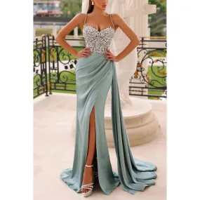 Spaghetti Straps Beaded Ruched Satin Sheath Evening Dress