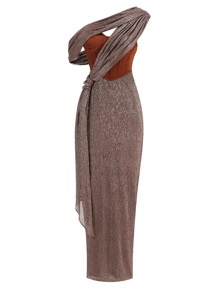 Sparkly One Shoulder Draped Maxi Dress Backless Corset Style for Evening Elegance