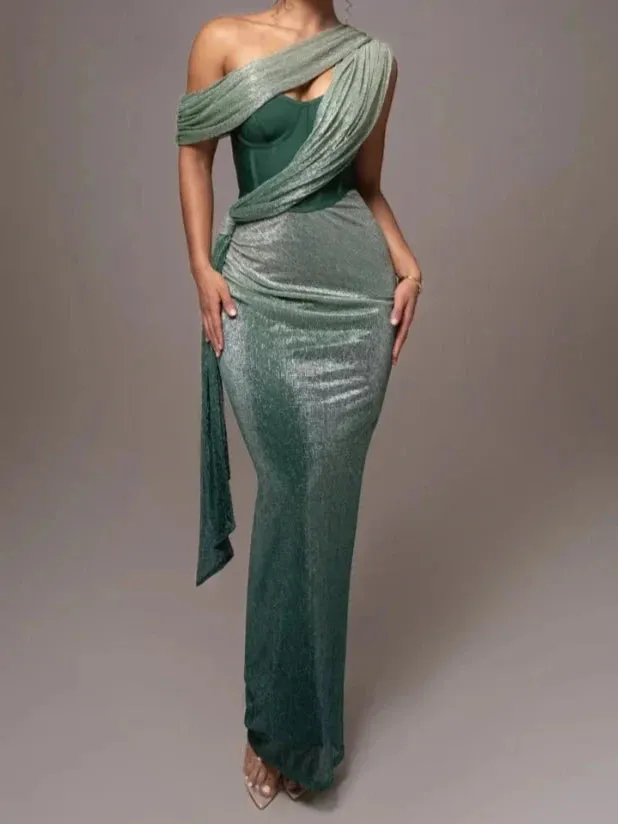 Sparkly One Shoulder Draped Maxi Dress Backless Corset Style for Evening Elegance