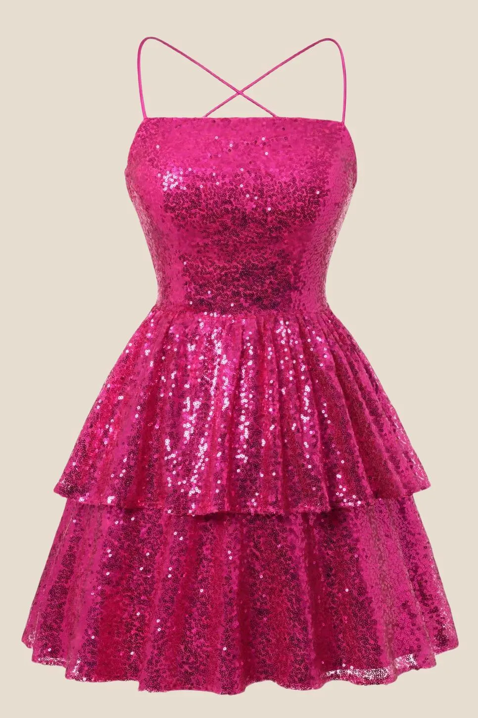 Straps Hot Pink Sequin Ruffle A-line Short Dress