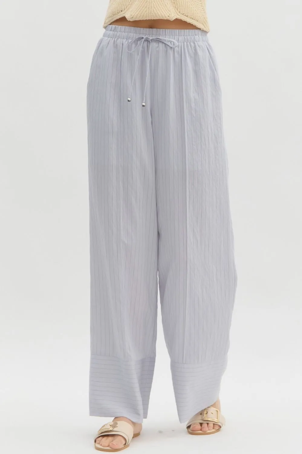 Striped High Waist Hem Drawstring Wide Leg Pull On Pants