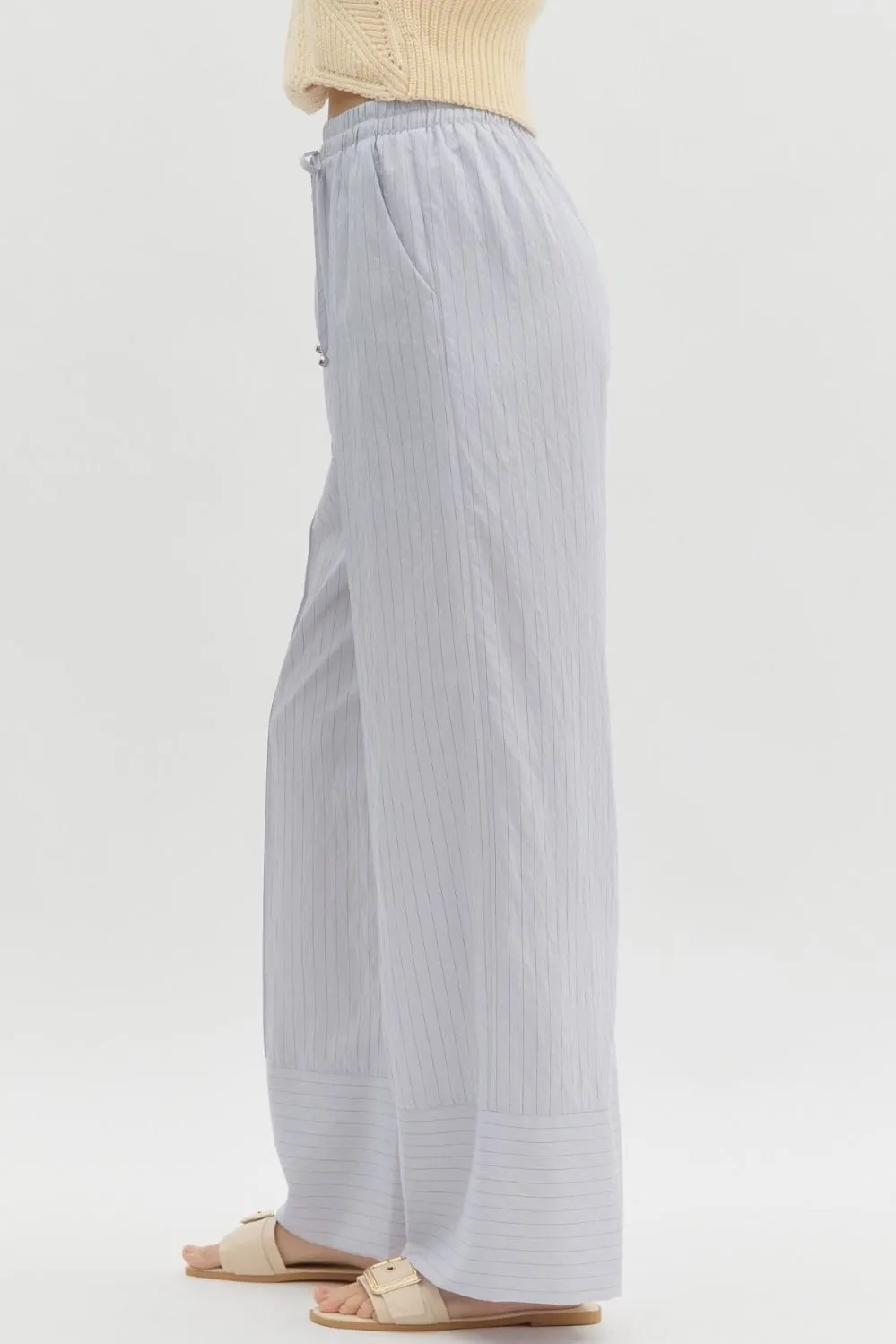 Striped High Waist Hem Drawstring Wide Leg Pull On Pants