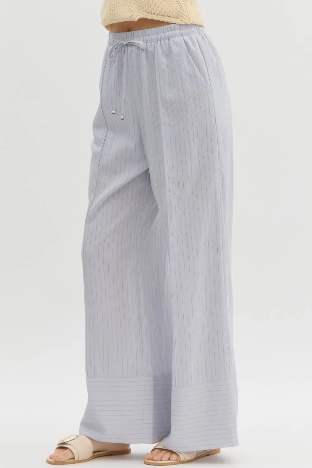 Striped High Waist Hem Drawstring Wide Leg Pull On Pants