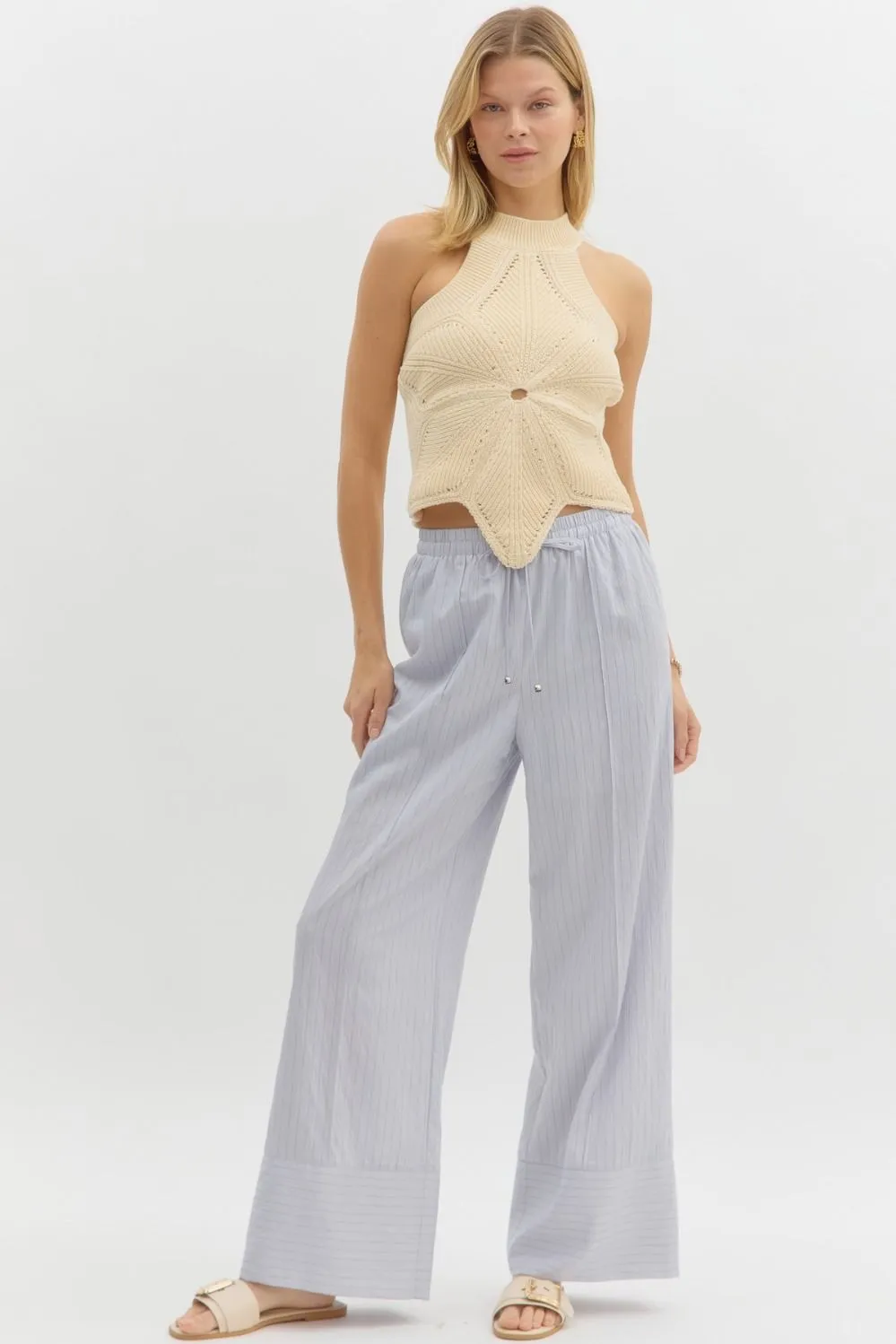 Striped High Waist Hem Drawstring Wide Leg Pull On Pants