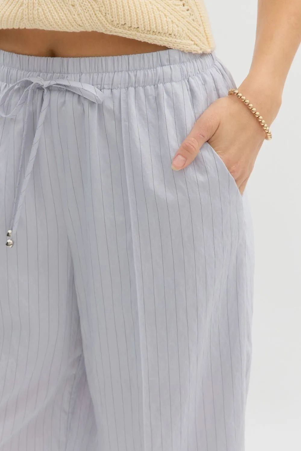 Striped High Waist Hem Drawstring Wide Leg Pull On Pants