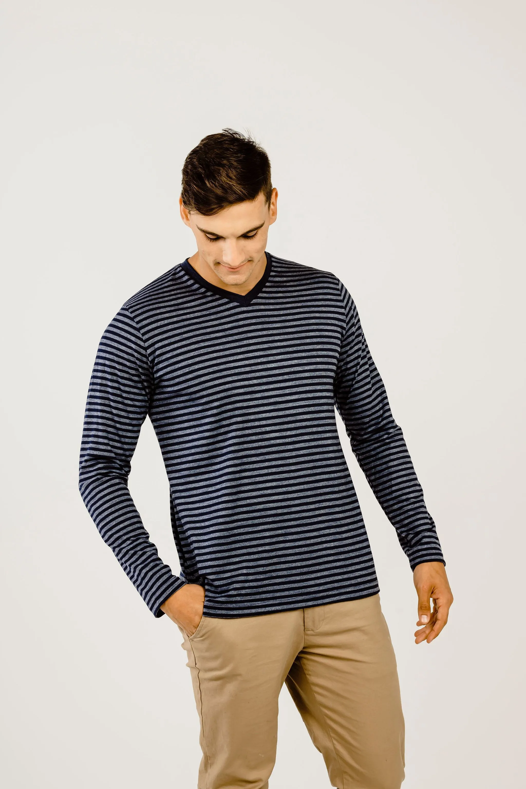 Striped Merino V Neck T-Shirt