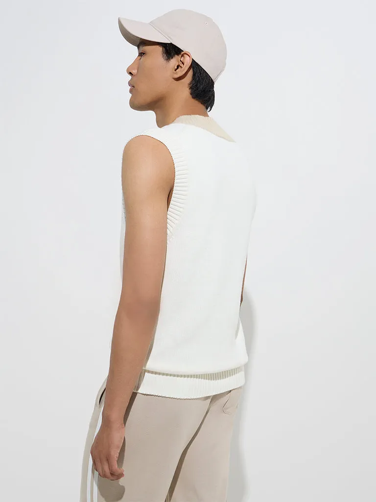 Studiofit White Knitted Relaxed-Fit Cotton Sweater Vest