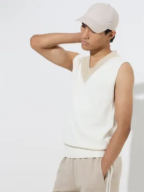 Studiofit White Knitted Relaxed-Fit Cotton Sweater Vest