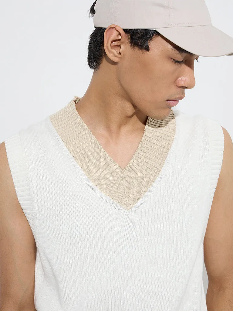 Studiofit White Knitted Relaxed-Fit Cotton Sweater Vest