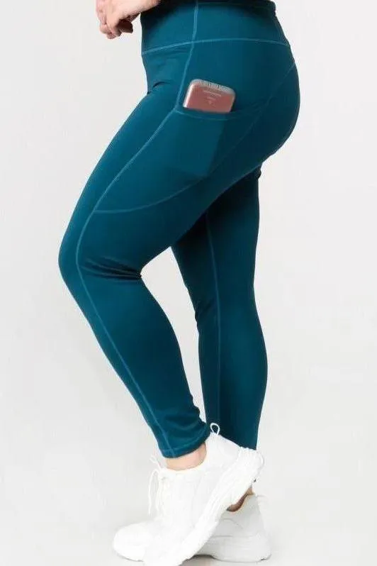 Teal High Waist Tech Pocket Workout Leggings (Plus Size)