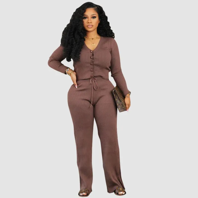 V-neck Crop Top & Drawstring Knit Pant set