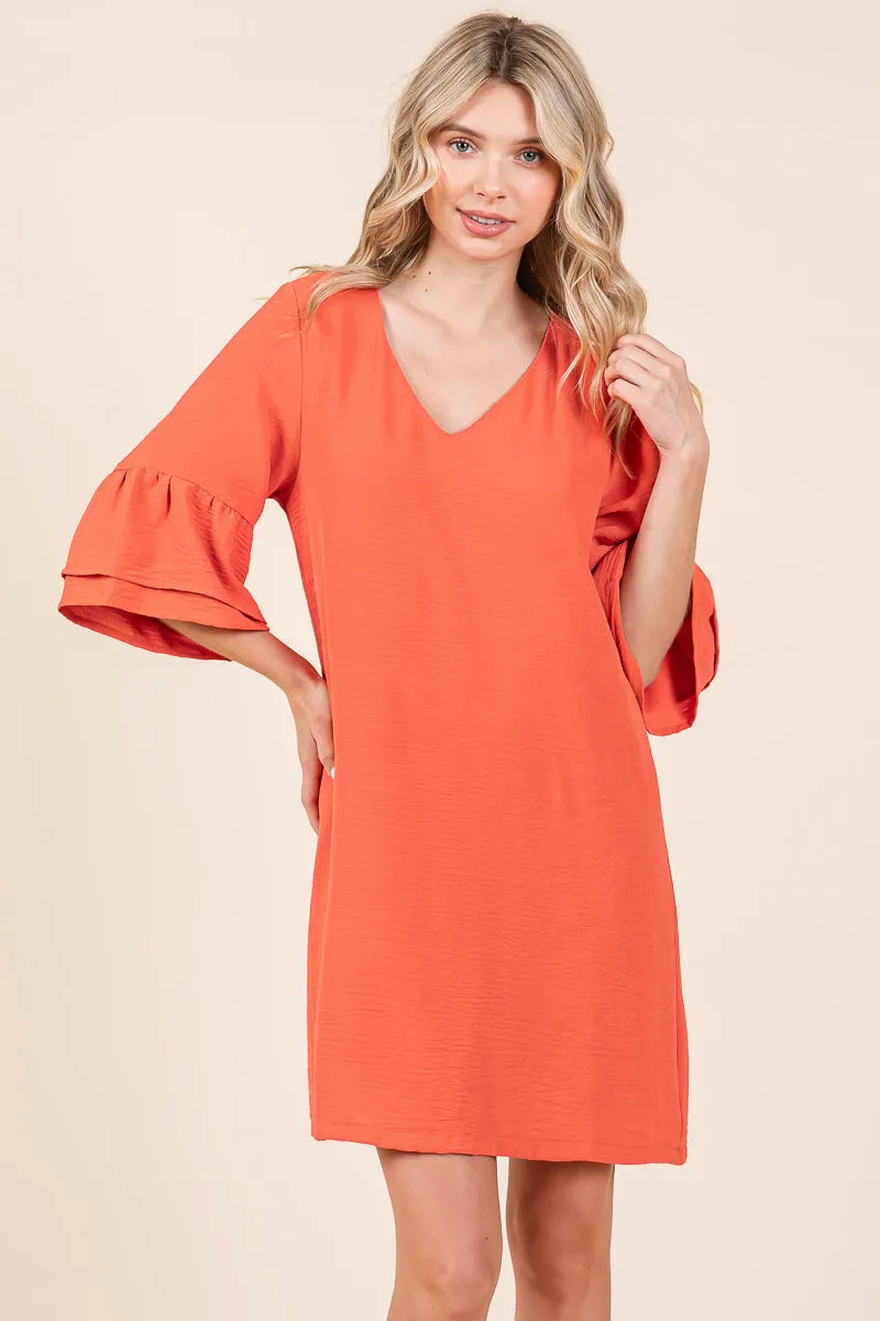 V neck Flounce Ruffle Sleeve Tunic Shift Dress