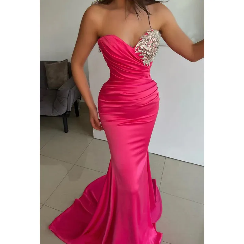 V-Neck Strapless Beaded Ruched Satin Mermaid Long Evening Dress