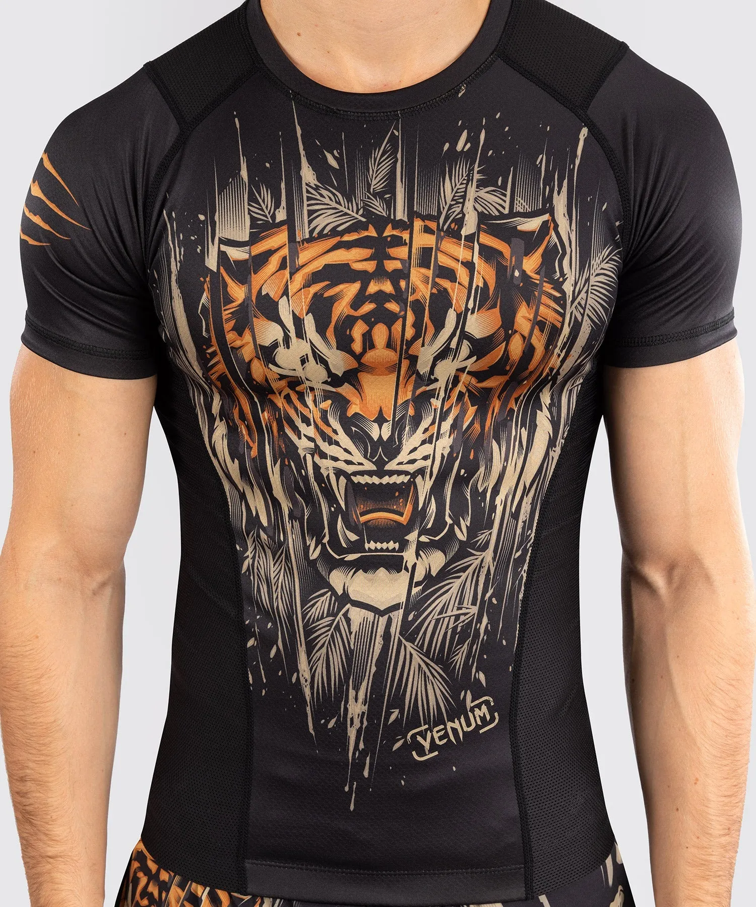 Venum Tiger Men's Short Sleeve Rashguard - Black/Neon Orange