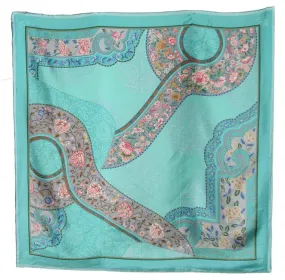 Vintage Chinese Turquoise Silk Scarf Peony & Butterflies 34 x 34 Inches