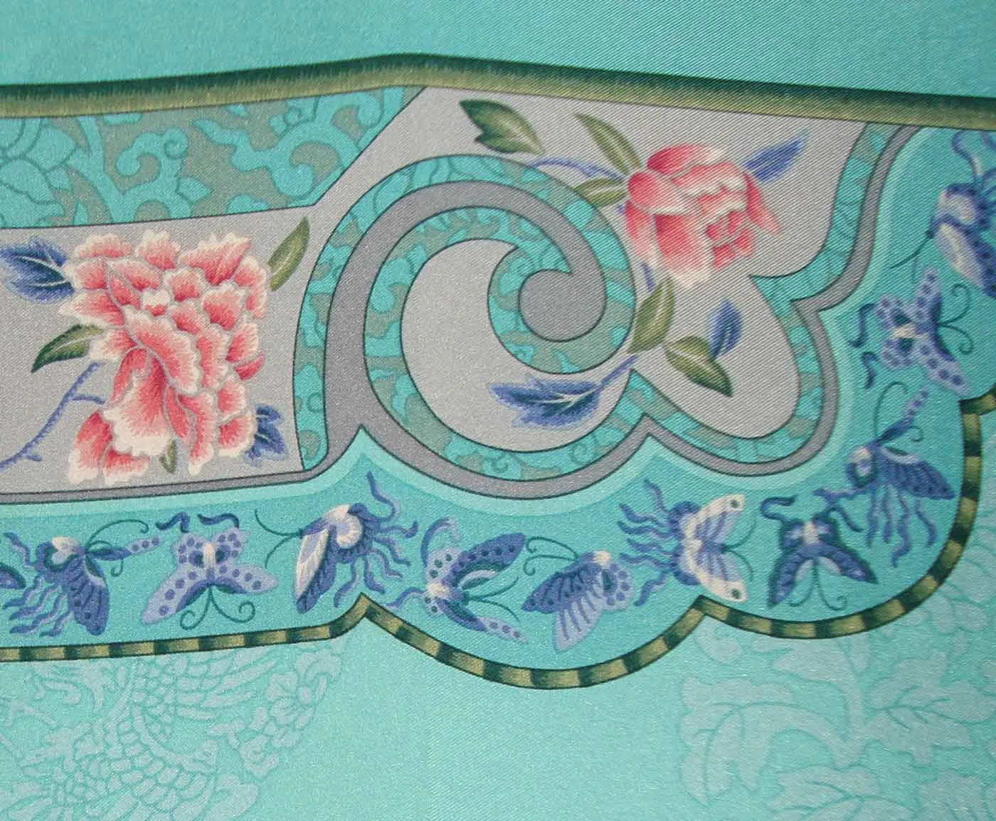 Vintage Chinese Turquoise Silk Scarf Peony & Butterflies 34 x 34 Inches