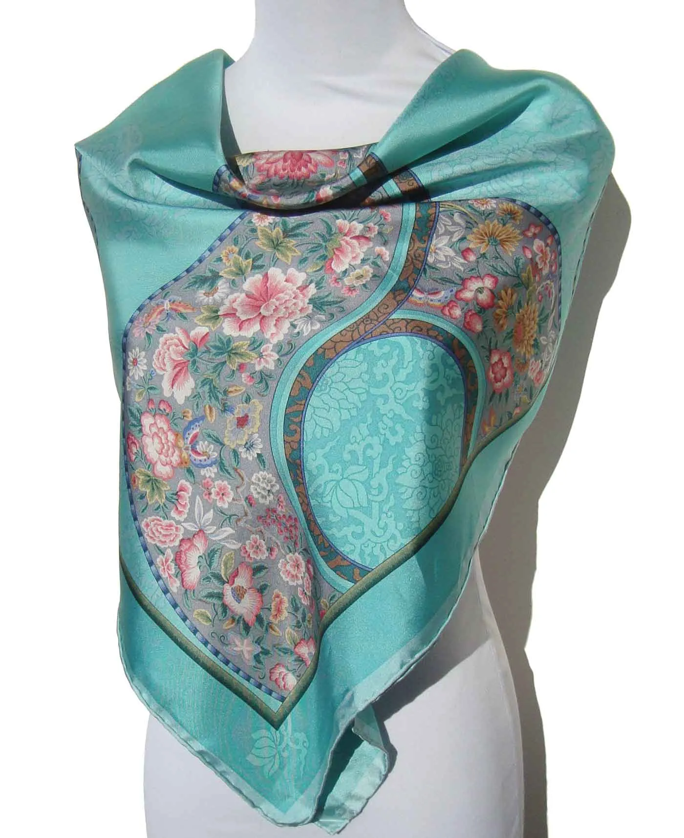 Vintage Chinese Turquoise Silk Scarf Peony & Butterflies 34 x 34 Inches