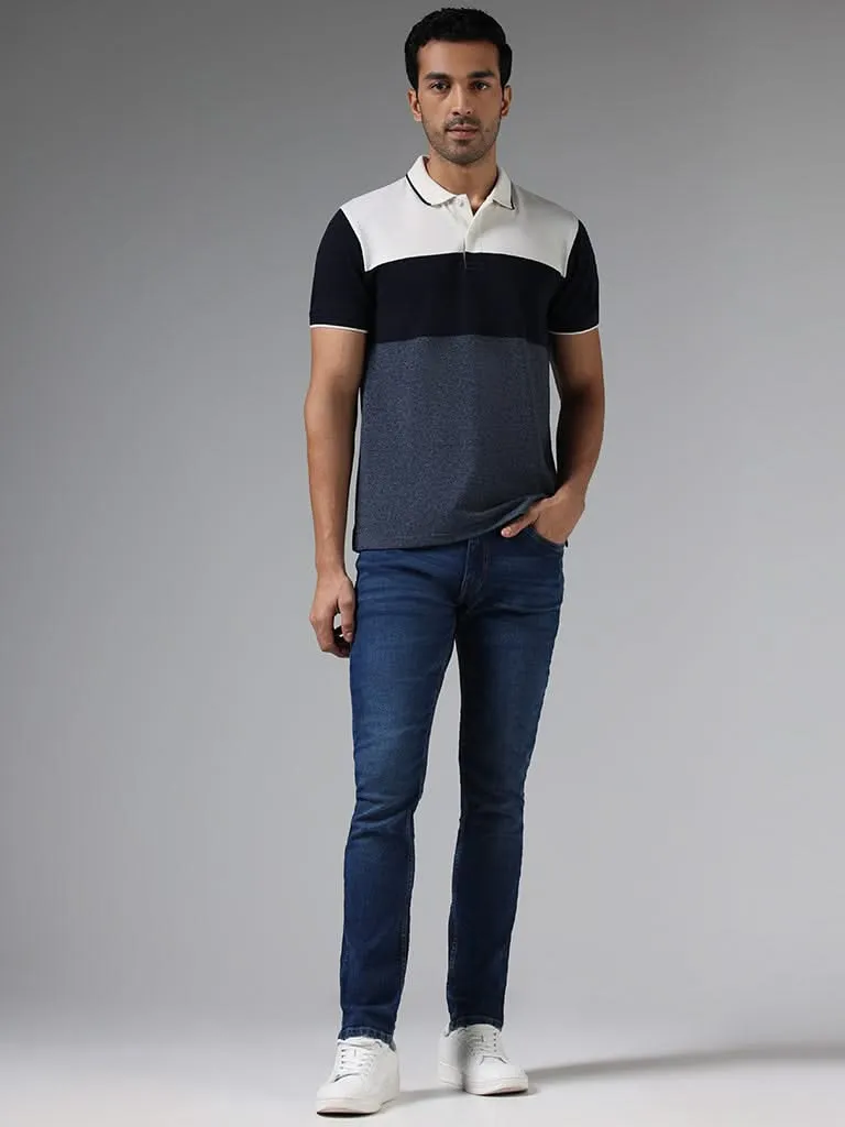 WES Casuals Navy Colorblock Slim-Fit Polo T-Shirt