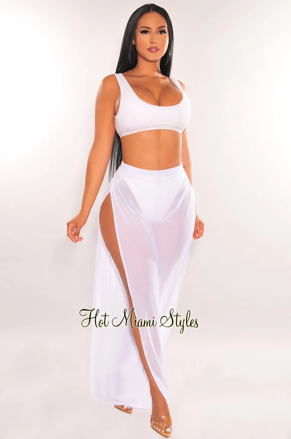 White Mesh Sheer High Waist Double Slit Cover Up Pants