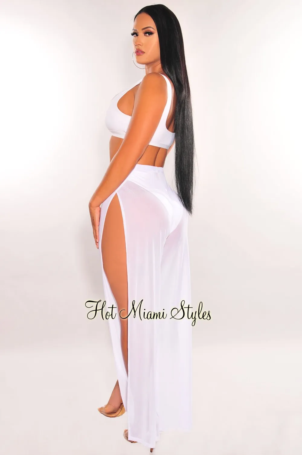 White Mesh Sheer High Waist Double Slit Cover Up Pants