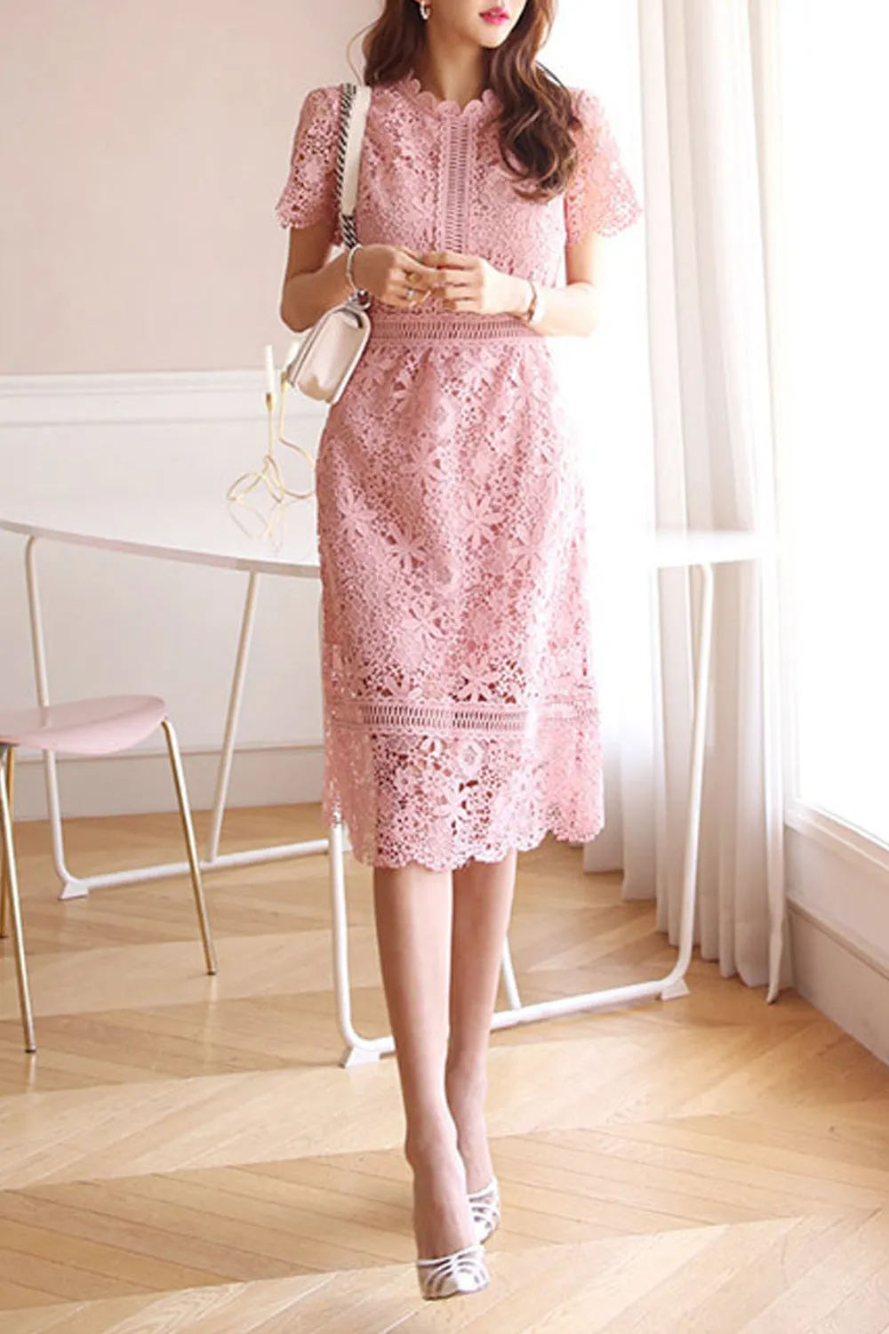 Women Beautiful Flower Lace Round Neck Short Sleeve Slim Fit Dress - WD66357