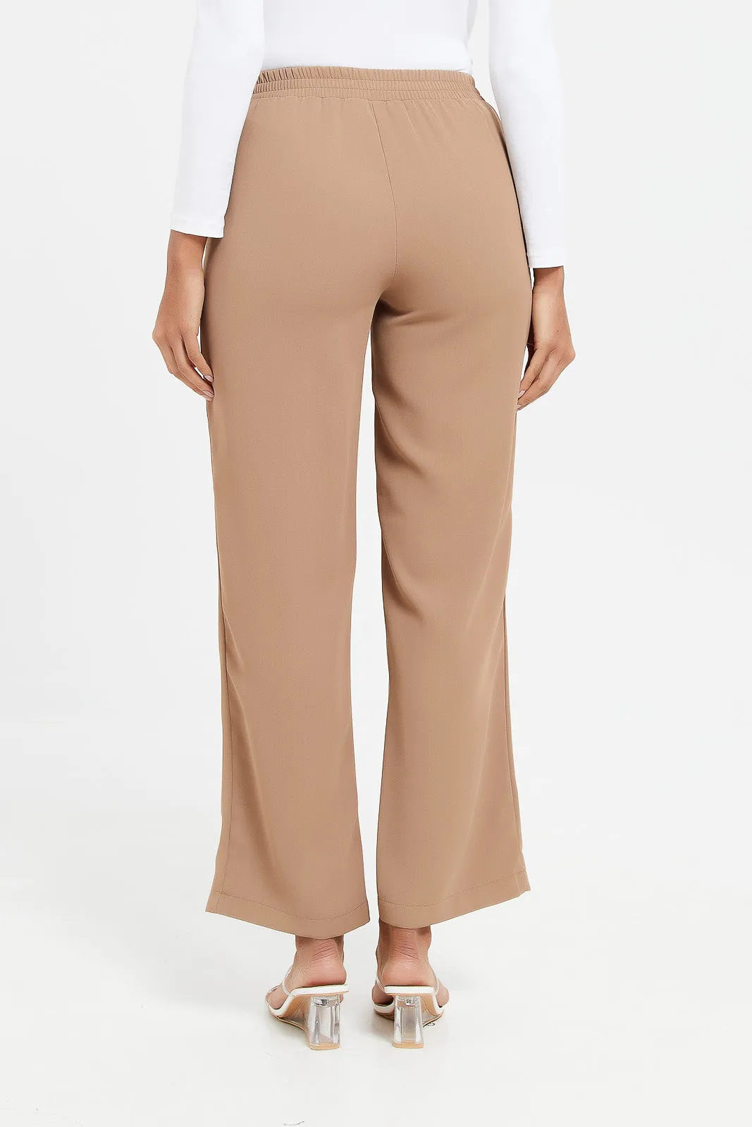 Women Beige High Waist Straight Pants