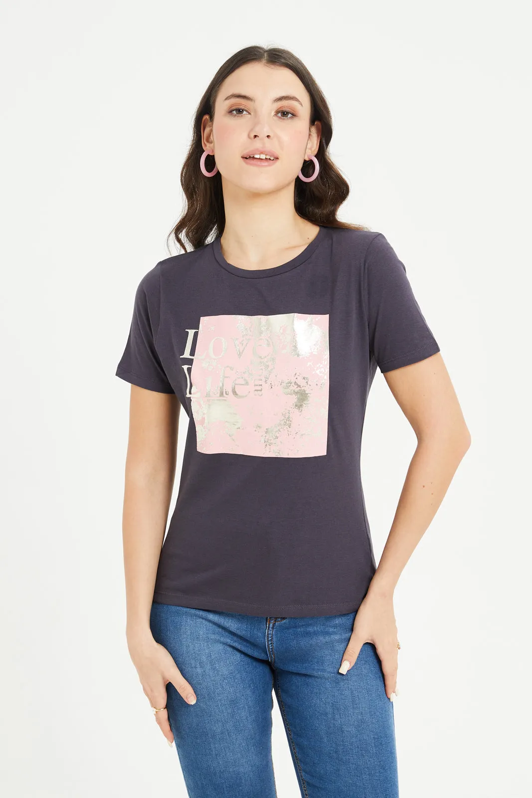 Women Charcoal Abstract Foil T-Shirt