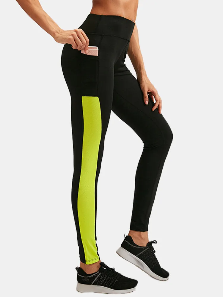 Women Contrast Color Quick Dry Moisture Wicking Pocket Sport High Waist Pants