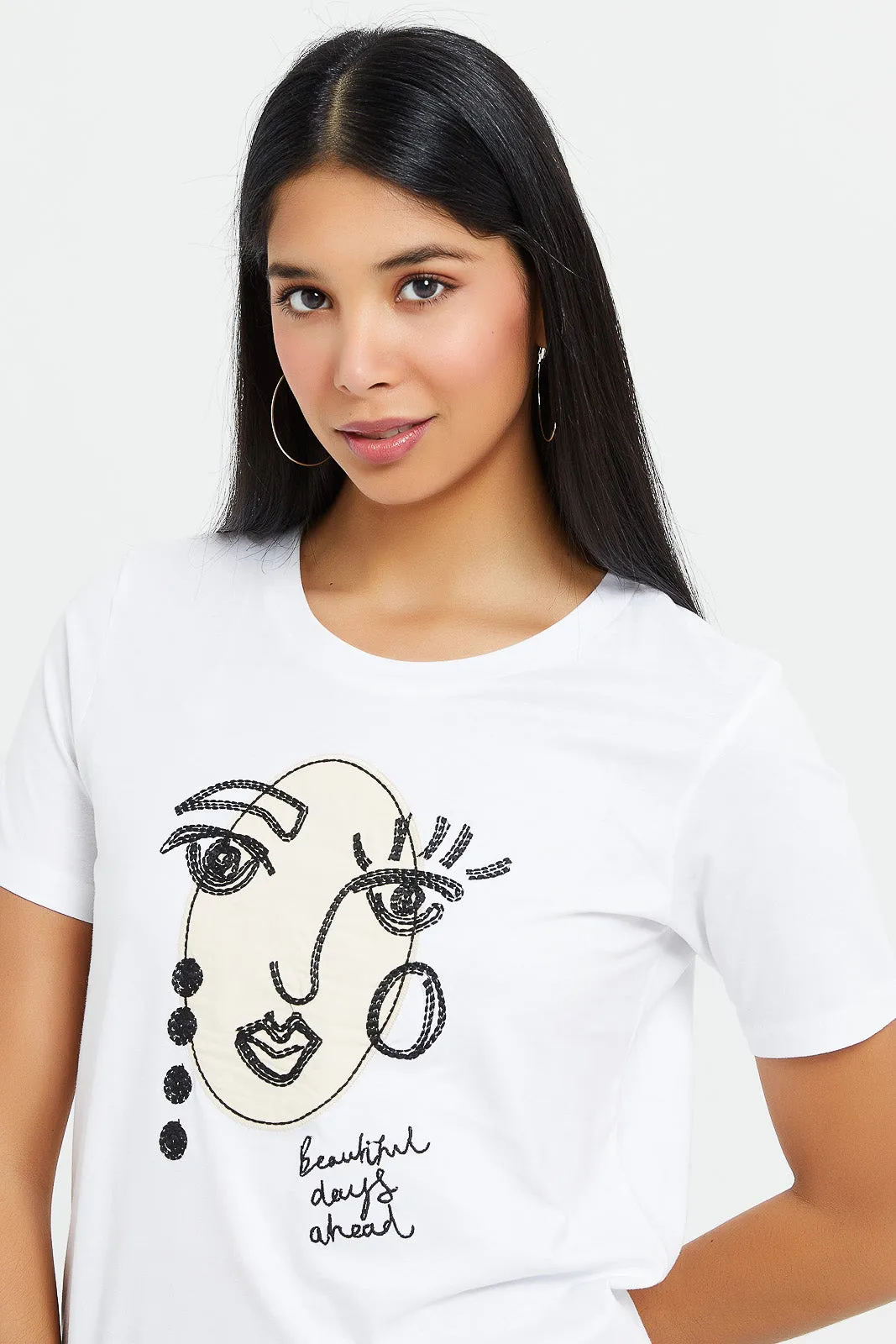 Women White Abstract Illustration T-Shirt