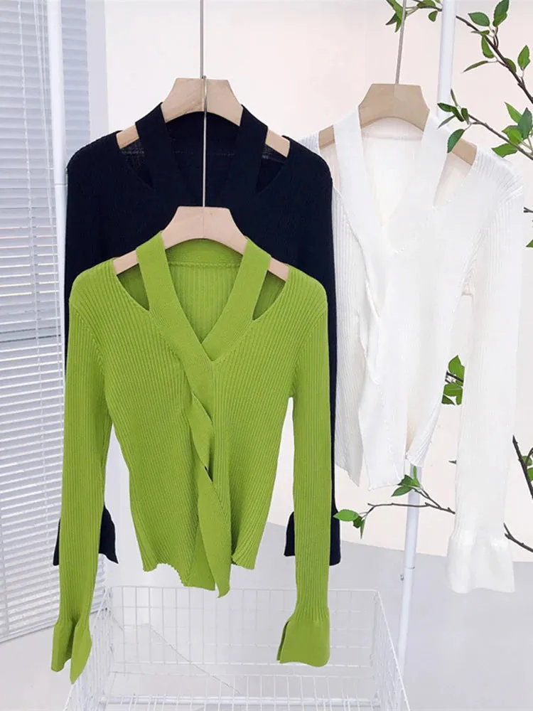 Women's Blouse Chic Hollow out Sexy knitted Pullovers for Autumn Female Korean Clothing Solid Full Sleeve Bottoming Shirt C-080