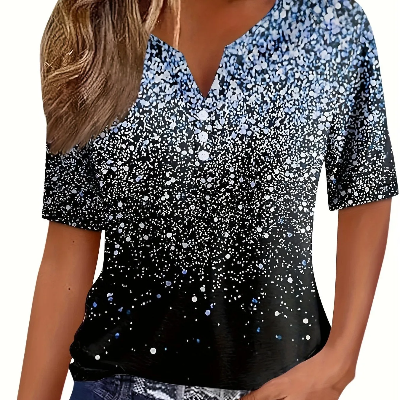 Womens Charming Graphic Print T-Shirt - Notched Neck, Short Sleeve, Button Detail - Lightweight & Comfortable for Spring & Summer Casual Wear