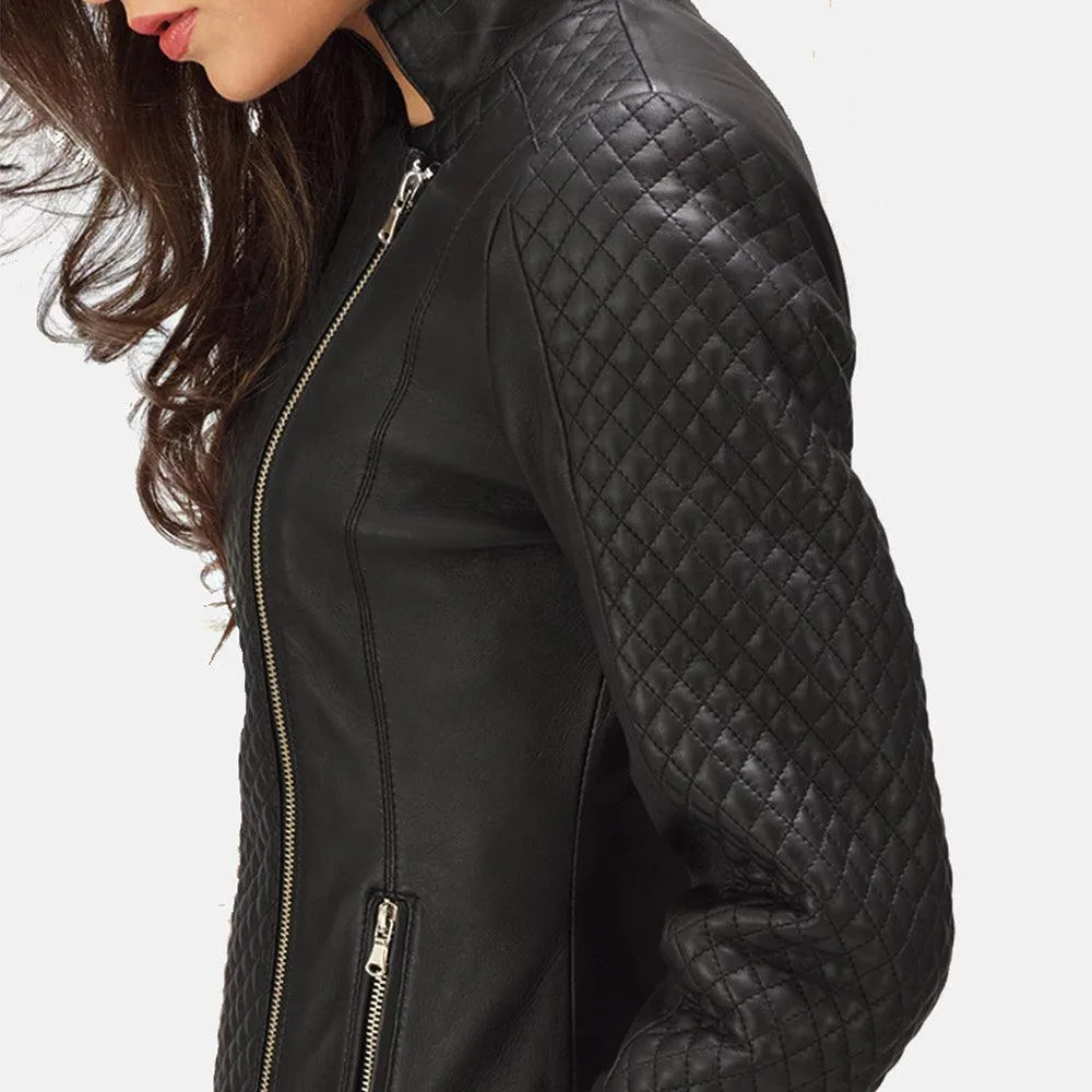 Womens Quilted Black Leather Biker Jacket