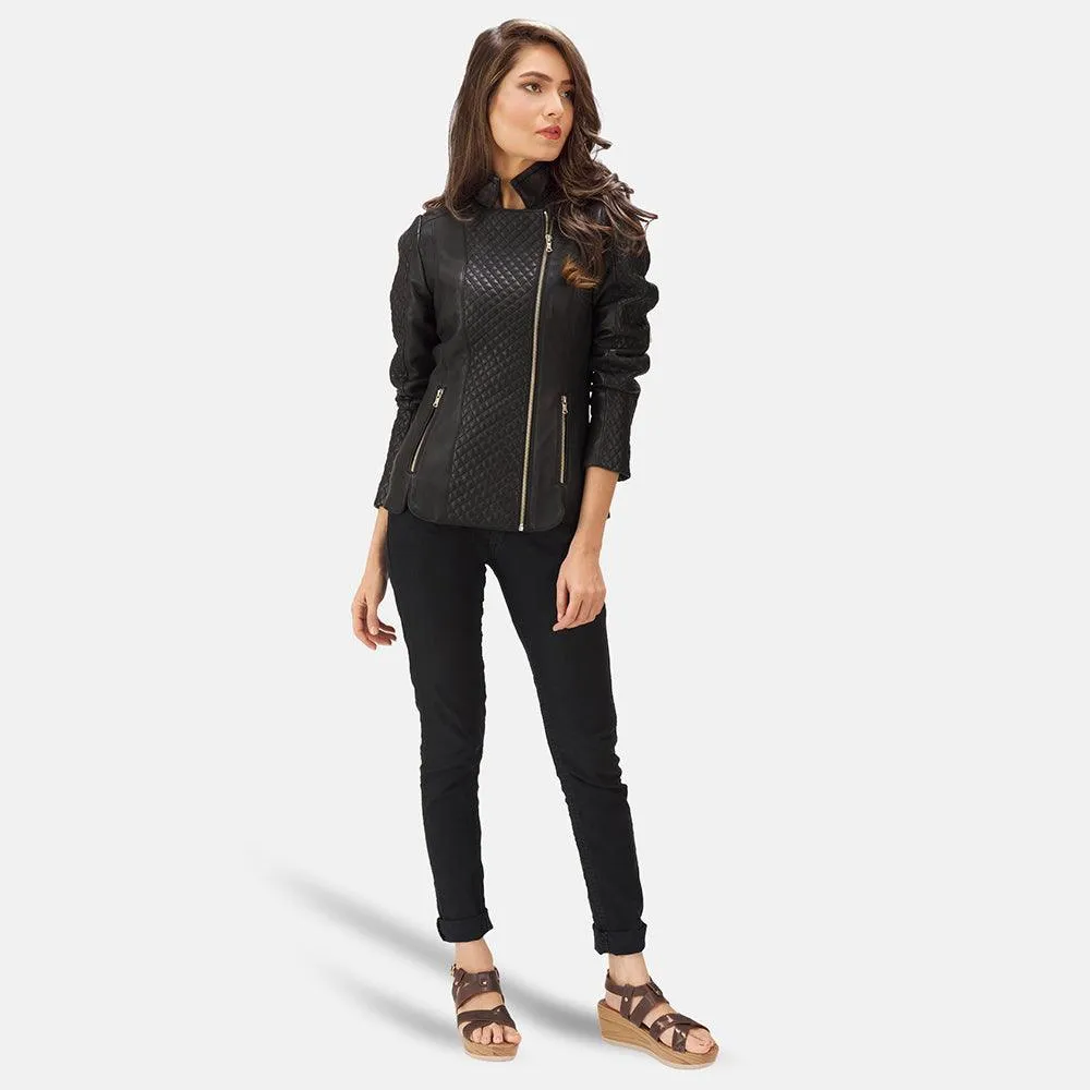 Womens Quilted Black Leather Biker Jacket