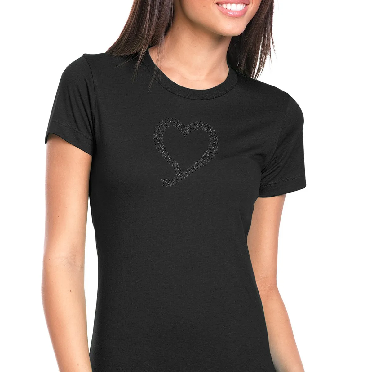 Womens T-Shirt Bling Black Fitted Tee Abstract Heart Black Diamond