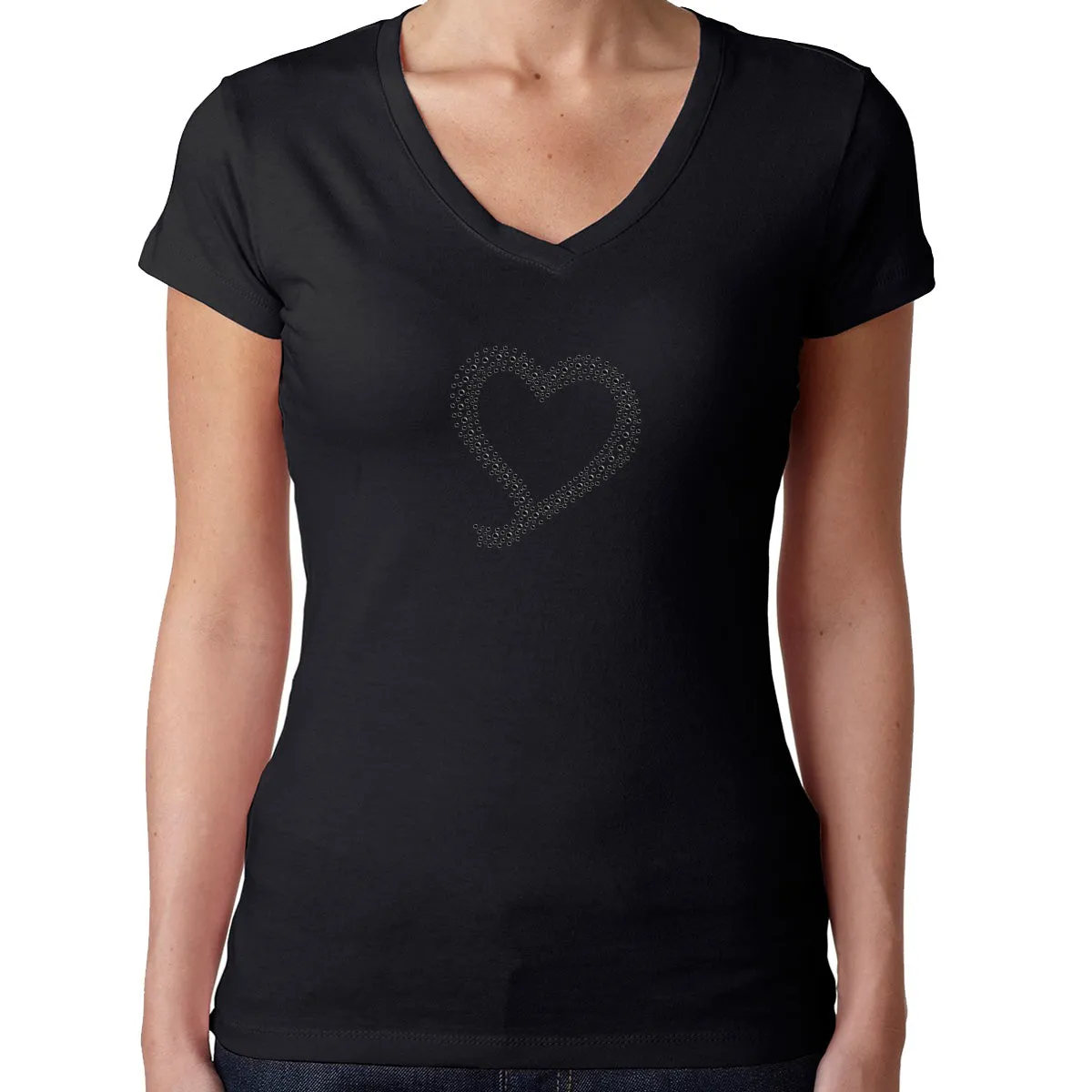 Womens T-Shirt Bling Black Fitted Tee Abstract Heart Black Diamond