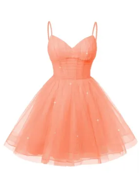 Women's V Neck Tulle Spaghetti Straps Coral Homecoming Dresses with Corset Back Short Prom Gowns for Teens